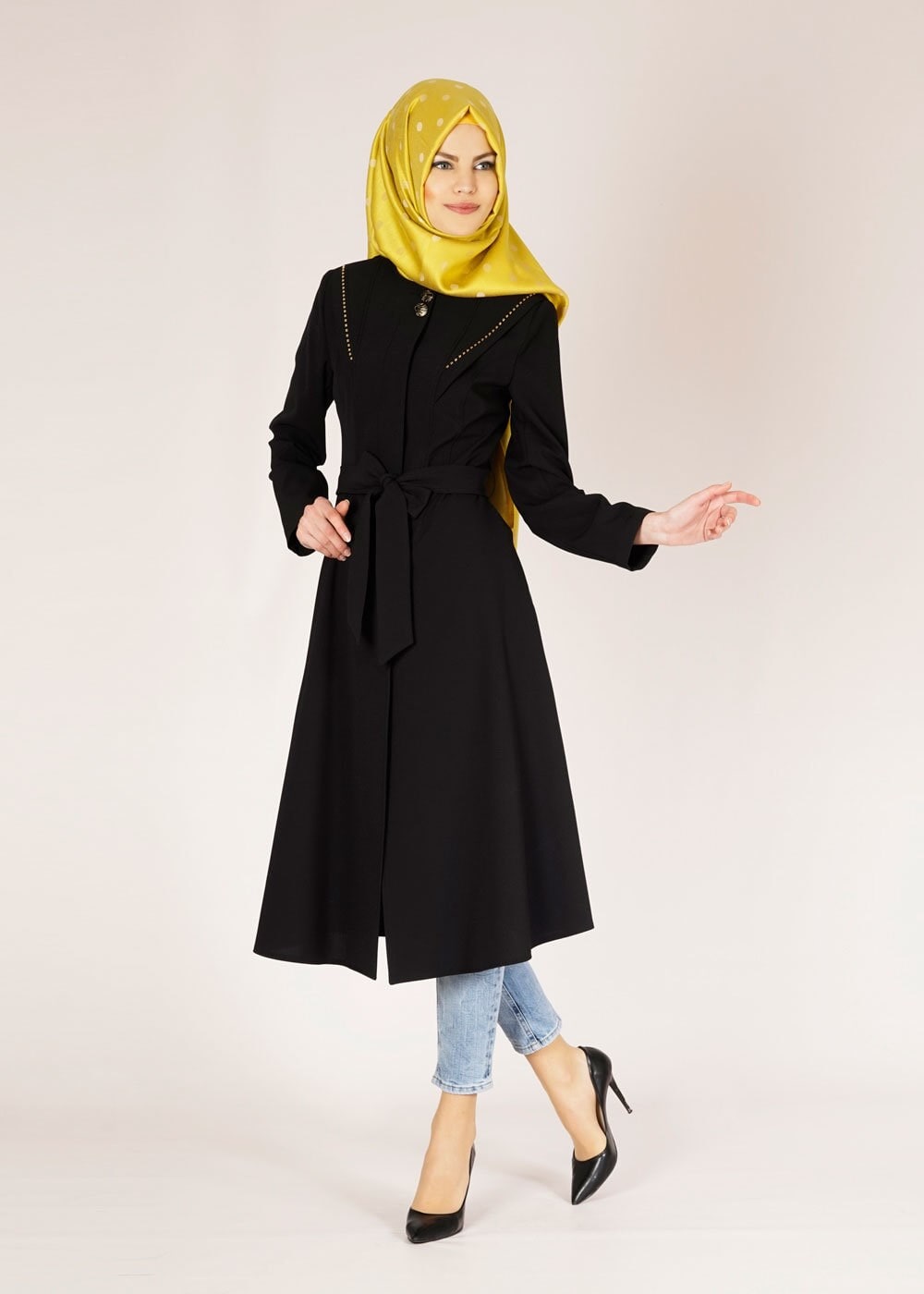 Tesettür giyim SİYAH 1484 GOFRET-2 TRENCH 38/46 TEK38