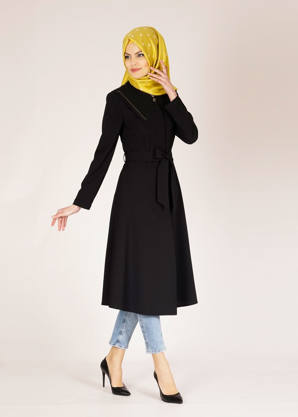 Tesettür giyim SİYAH 1484 GOFRET-2 TRENCH 38/46 TEK38