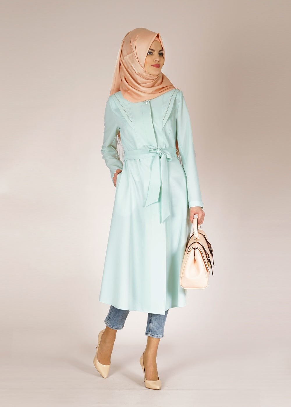 Tesettür giyim YEŞİL 1484 GOFRET-2 TRENCH 38/46 TEK38