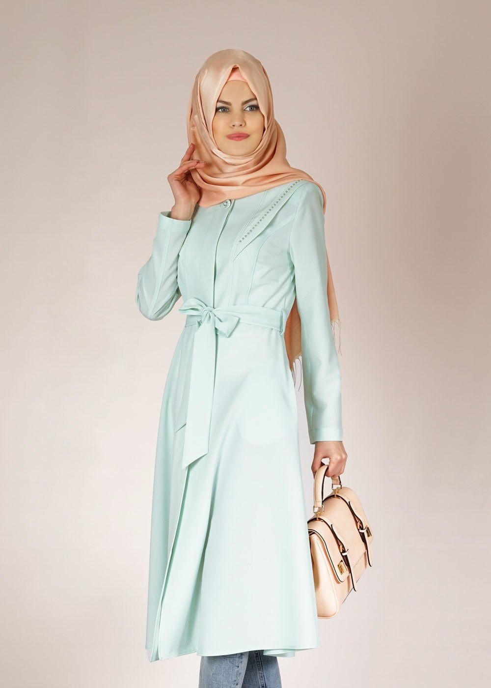 Tesettür giyim YEŞİL 1484 GOFRET-2 TRENCH 38/46 TEK38