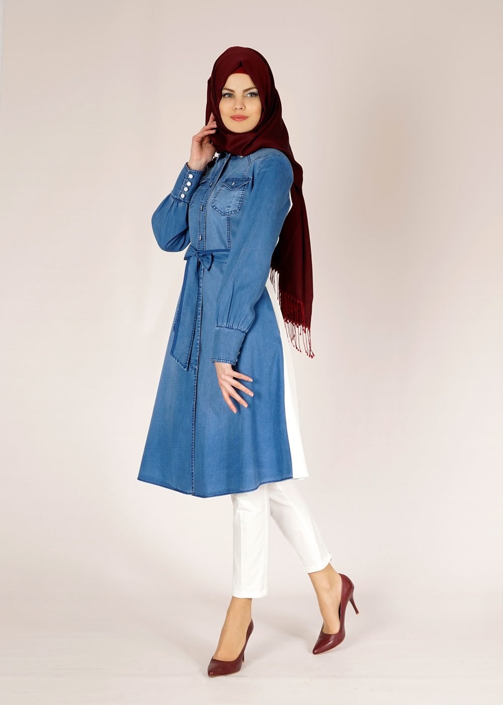Tesettür giyim LACİVERT İKİ RENKLİ DENİM TRENÇKOT 1501