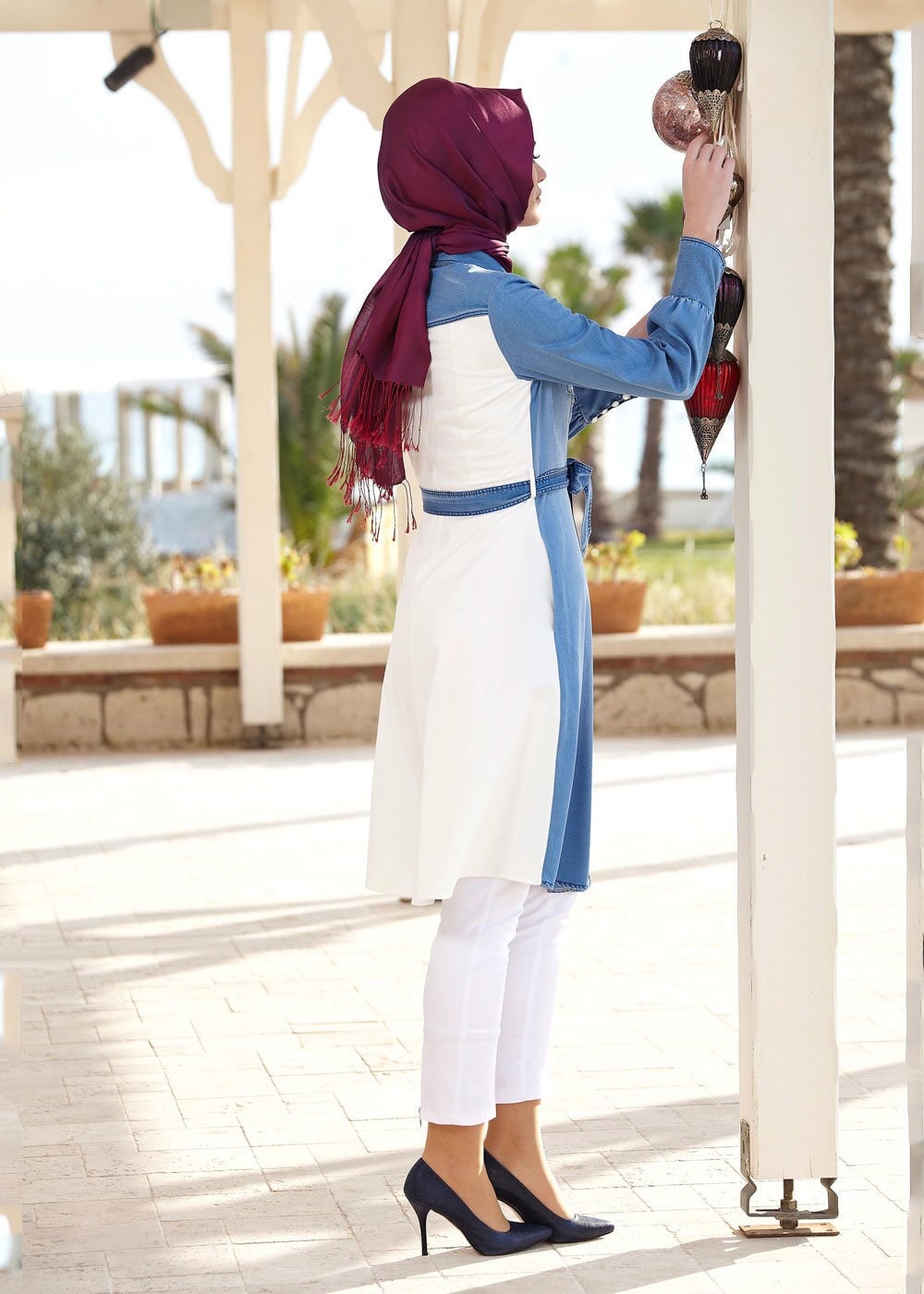 Tesettür giyim LACİVERT İKİ RENKLİ DENİM TRENÇKOT 1501