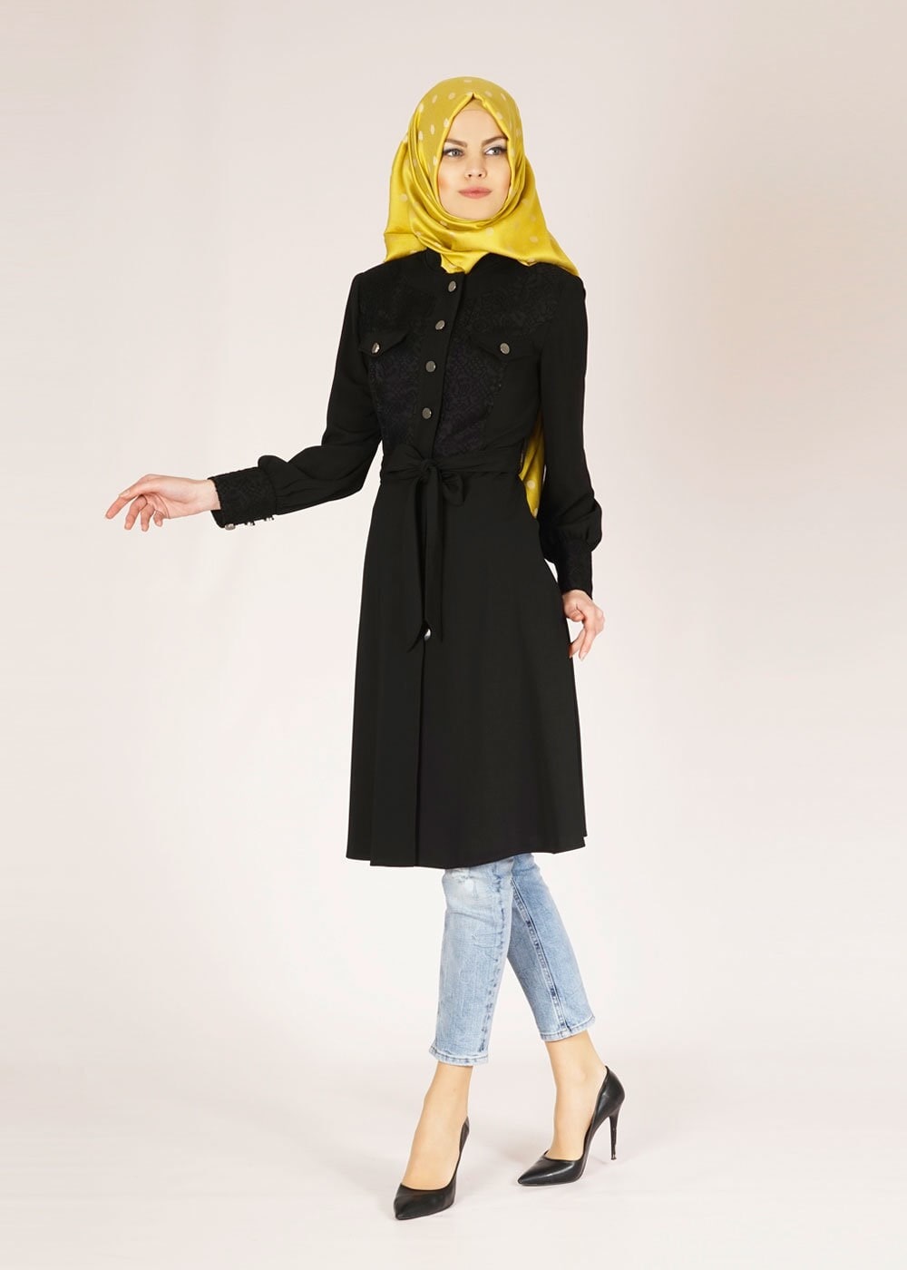 Tesettür giyim SİYAH İŞLEME DETAYLI DÜĞMELİ TRENÇKOT 1504