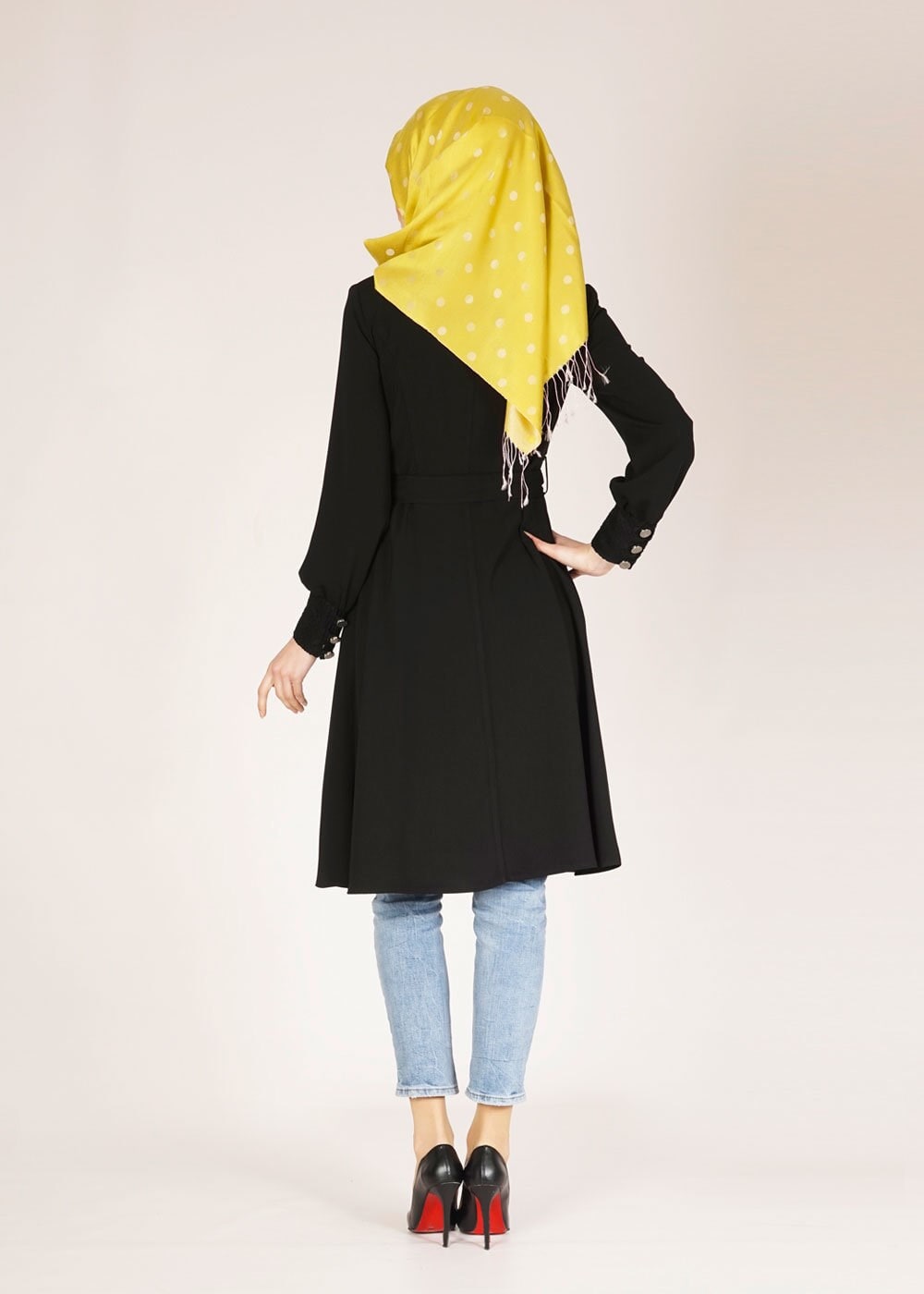 Tesettür giyim SİYAH İŞLEME DETAYLI DÜĞMELİ TRENÇKOT 1504