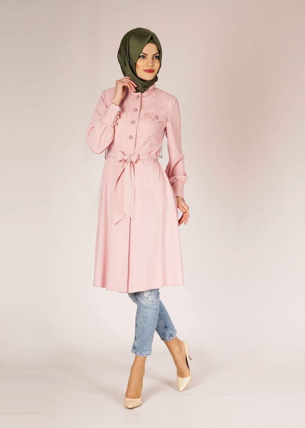 Tesettür giyim PUDRA İŞLEME DETAYLI DÜĞMELİ TRENÇKOT 1504