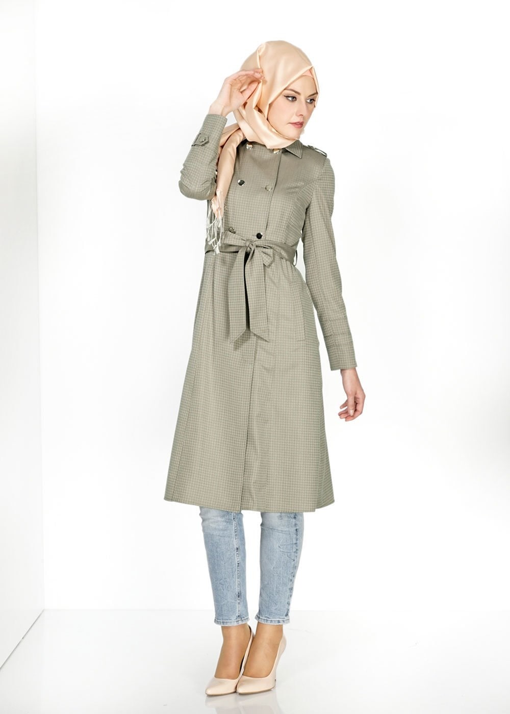 Tesettür giyim HAKİ 1506 Crista Tesettür Trench