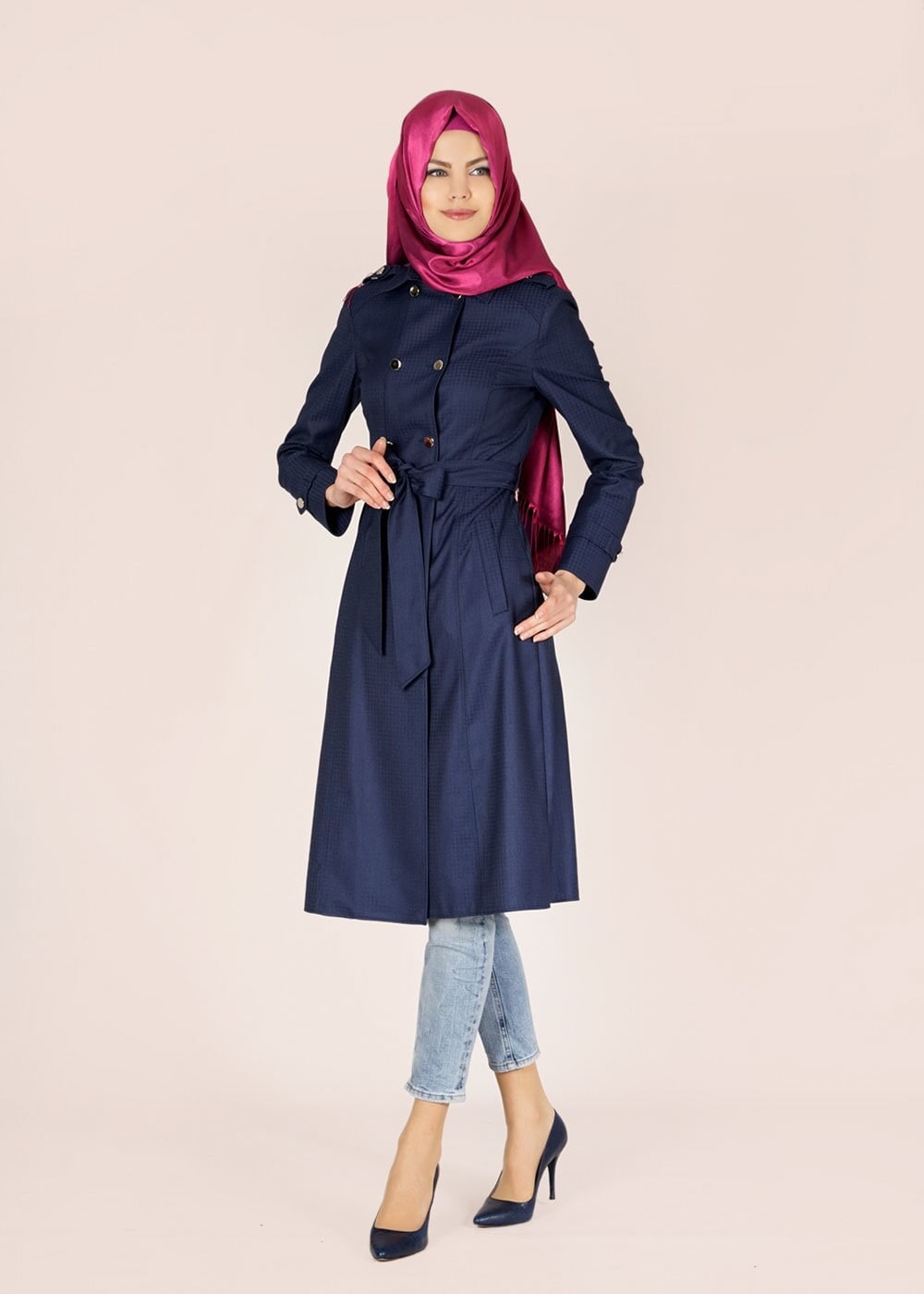 Tesettür giyim LACİVERT 1506 Crista Tesettür Trench