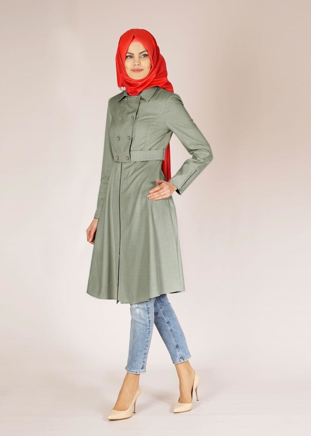 Tesettür giyim HAKİ DÜĞME DETAYLI FERMUARLI TRENÇKOT 1507