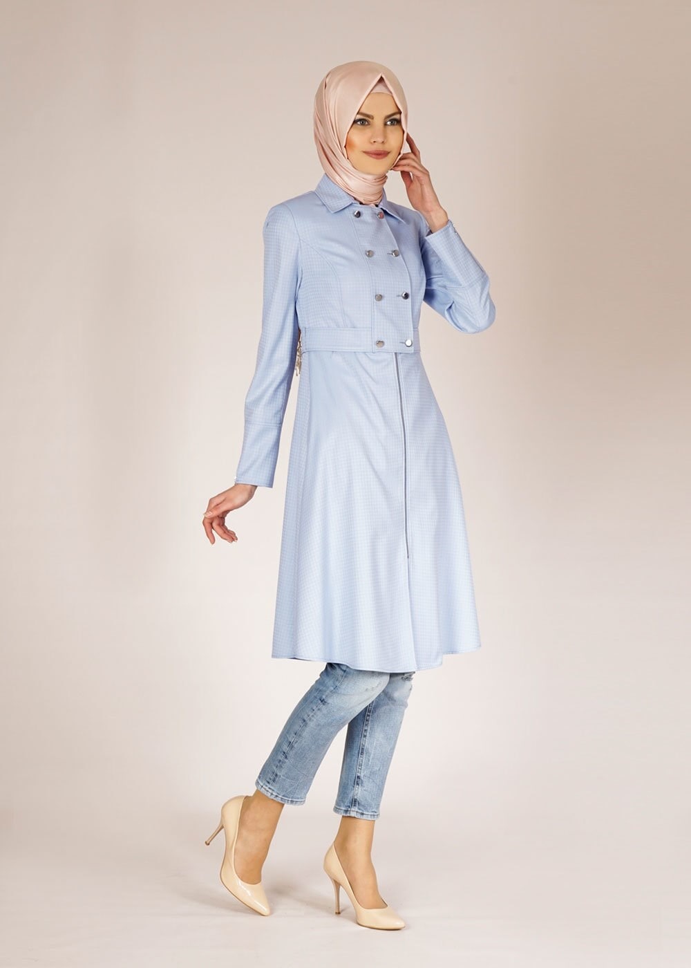 Tesettür giyim MAVİ DÜĞME DETAYLI FERMUARLI TRENÇKOT 1507