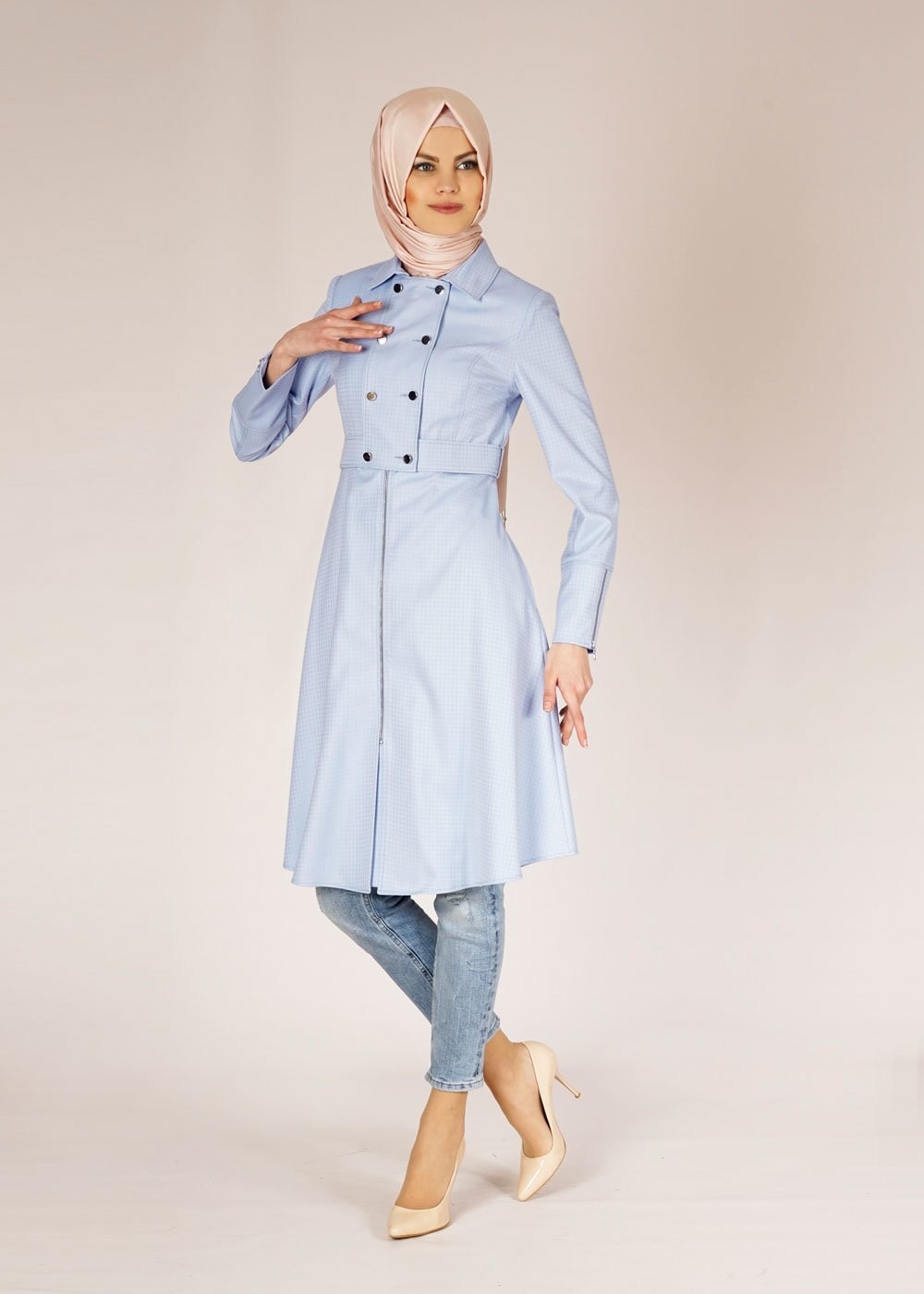 Tesettür giyim MAVİ DÜĞME DETAYLI FERMUARLI TRENÇKOT 1507
