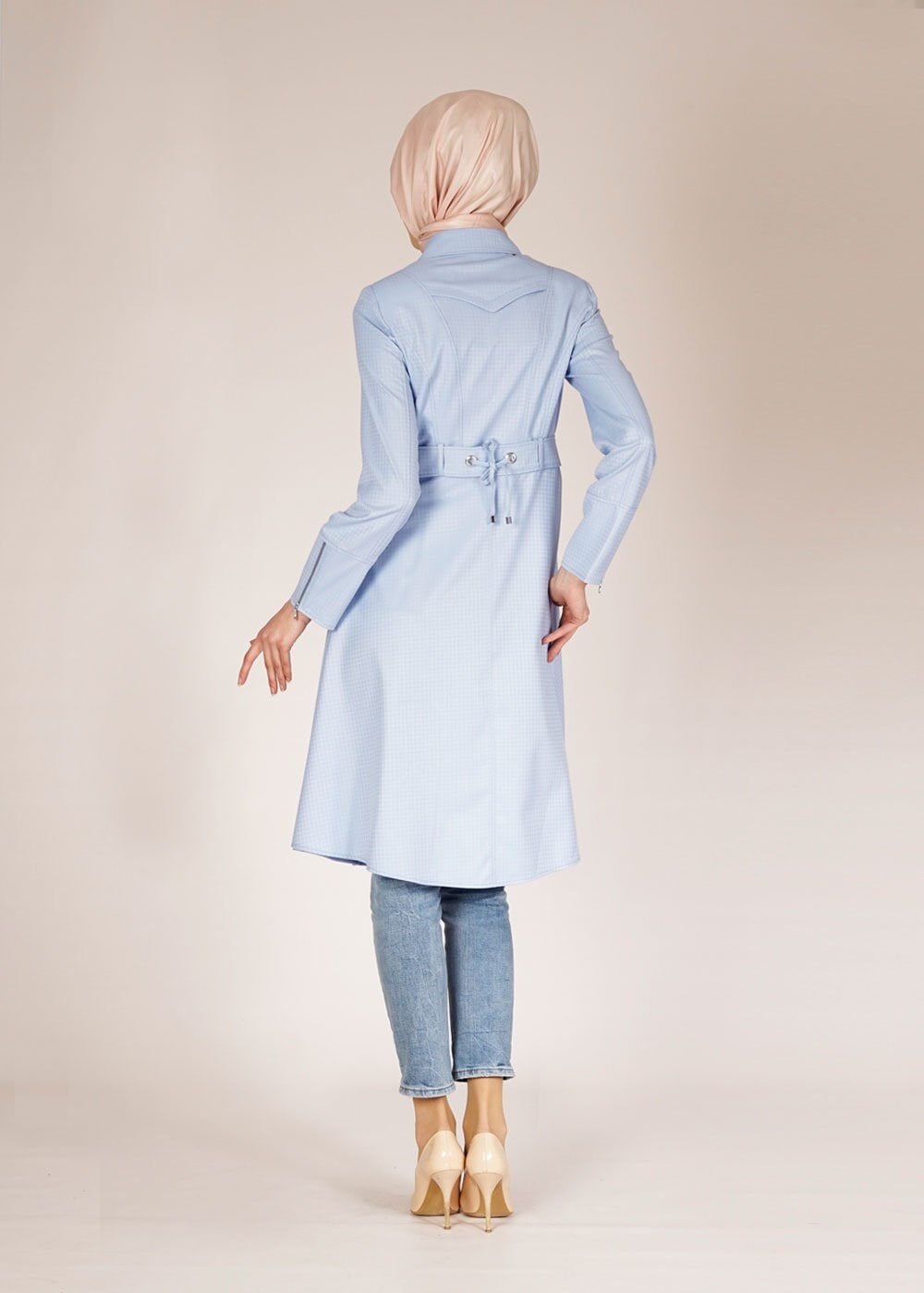 Tesettür giyim MAVİ DÜĞME DETAYLI FERMUARLI TRENÇKOT 1507