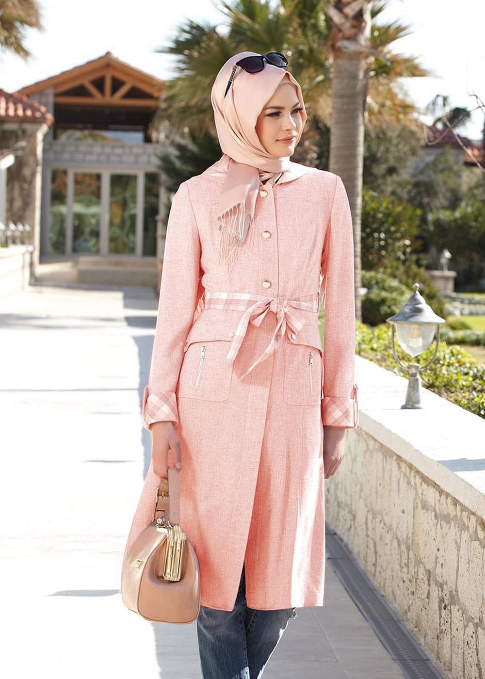 Tesettür giyim PUDRA 1510 Verona Düz Tesettür Trenç