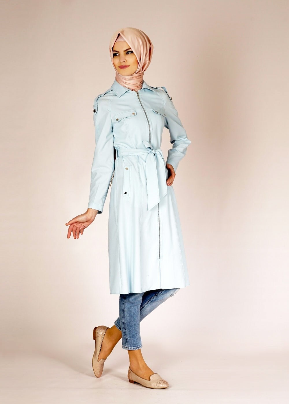 Tesettür giyim MAVİ FERMUARLI CEP DETAYLI TRENÇKOT 1515