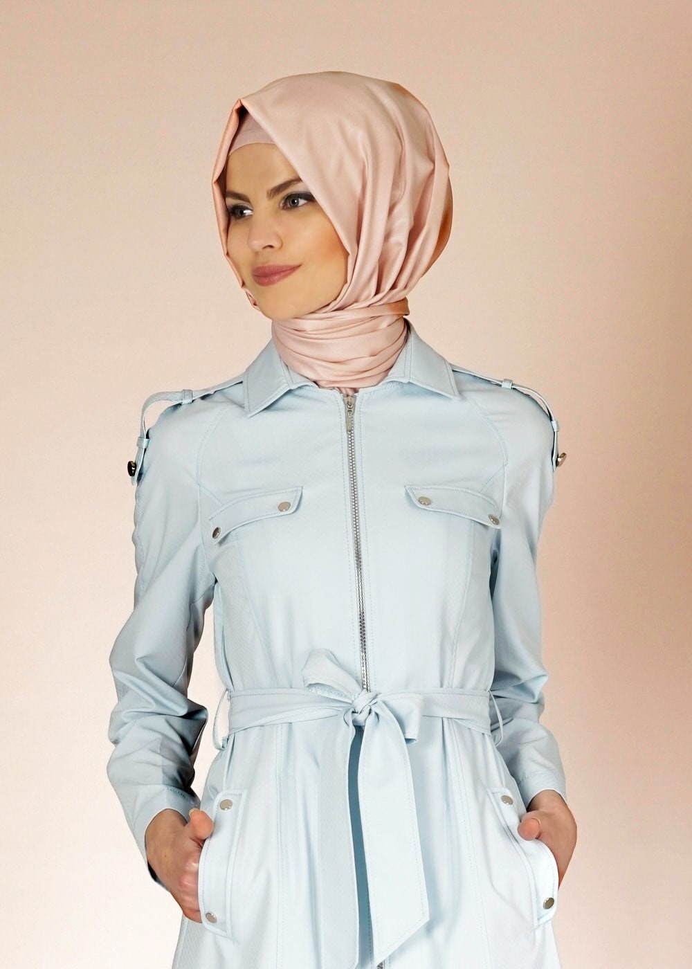 Tesettür giyim MAVİ FERMUARLI CEP DETAYLI TRENÇKOT 1515