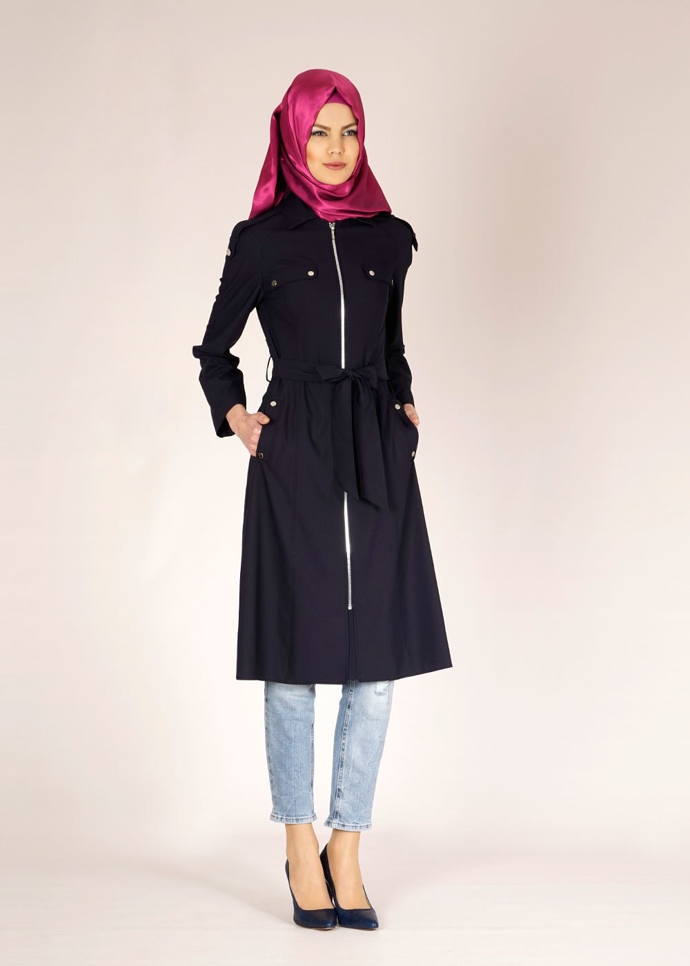 Tesettür giyim LACİVERT FERMUARLI CEP DETAYLI TRENÇKOT 1515