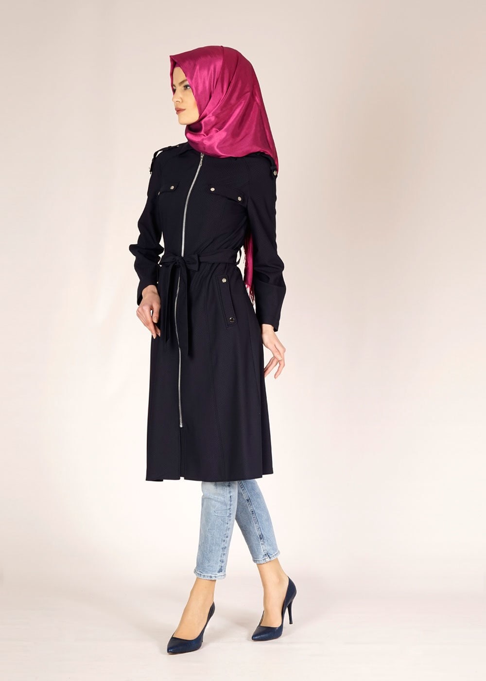 Tesettür giyim LACİVERT FERMUARLI CEP DETAYLI TRENÇKOT 1515