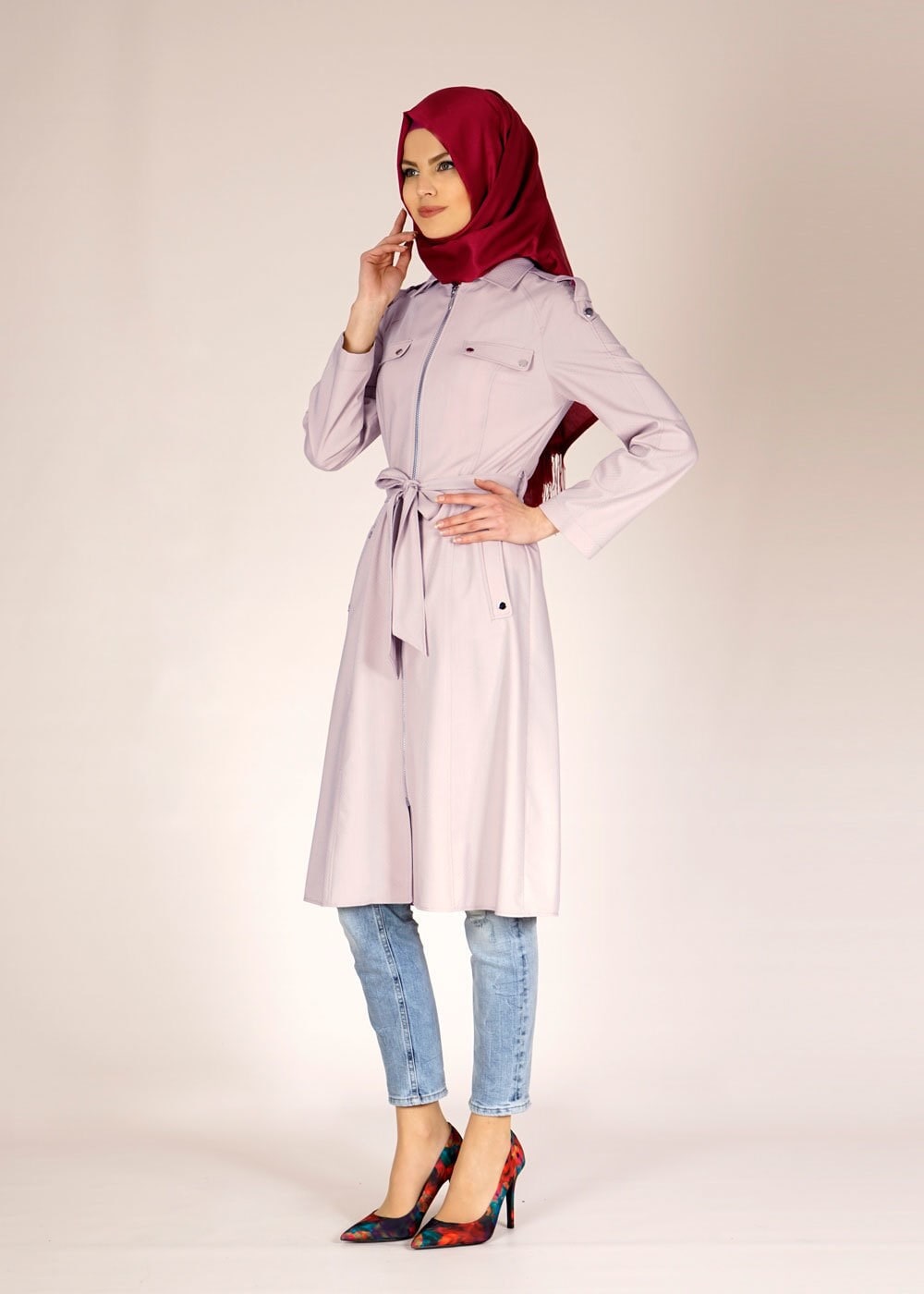 Tesettür giyim PUDRA FERMUARLI CEP DETAYLI TRENÇKOT 1515