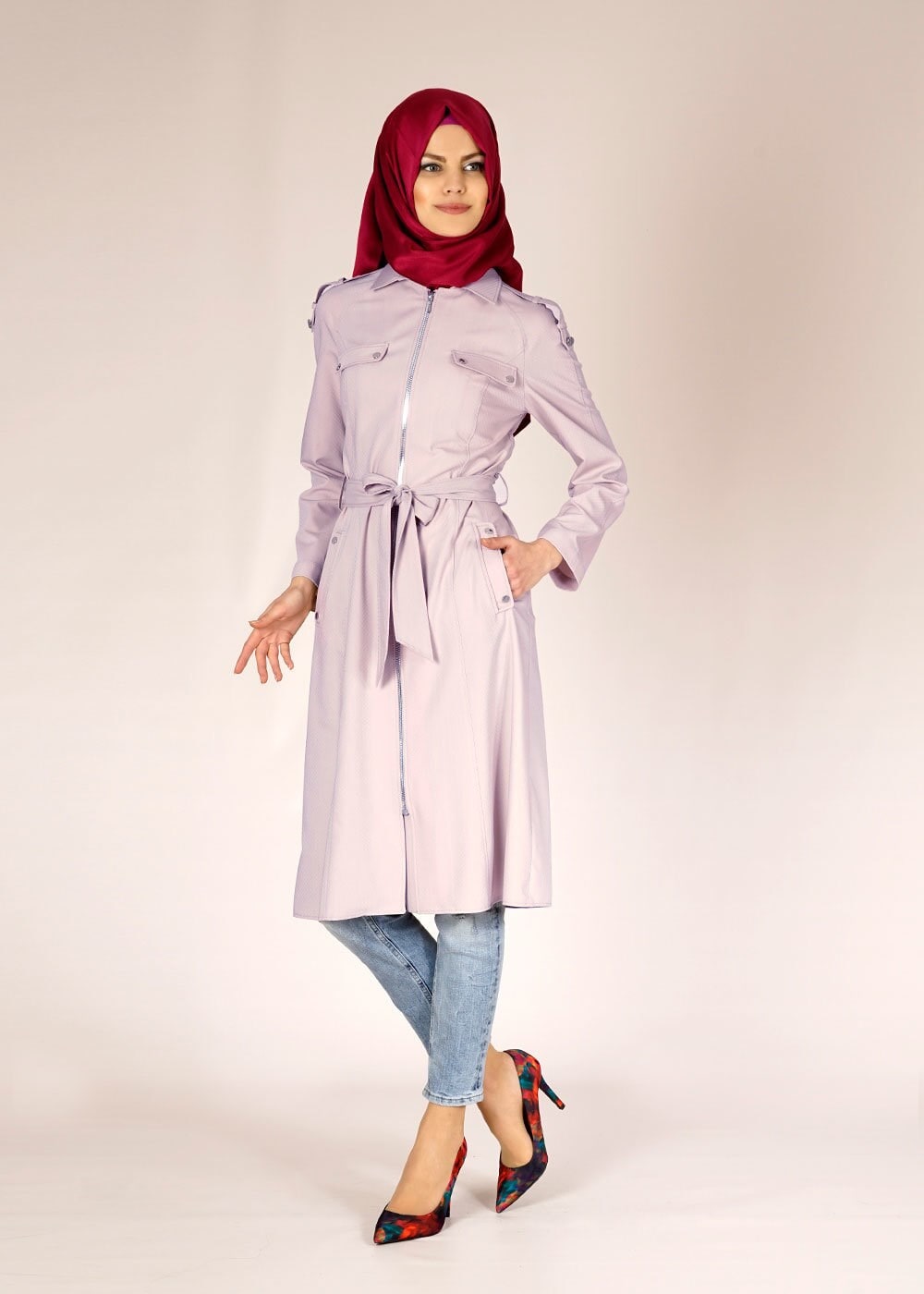 Tesettür giyim PUDRA FERMUARLI CEP DETAYLI TRENÇKOT 1515