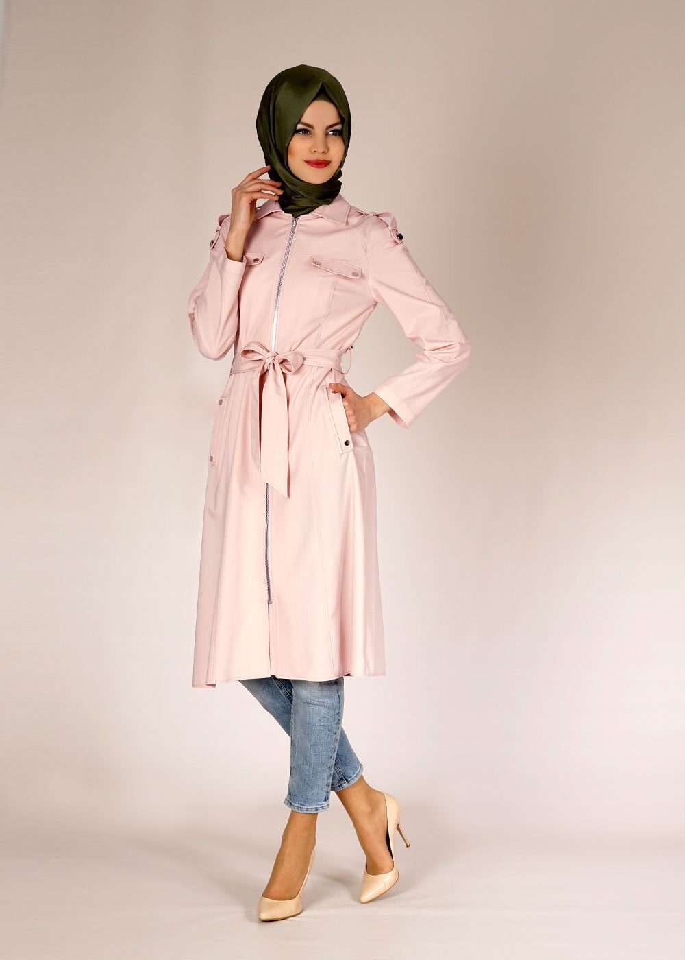 Tesettür giyim PUDRA FERMUARLI CEP DETAYLI TRENÇKOT 1515