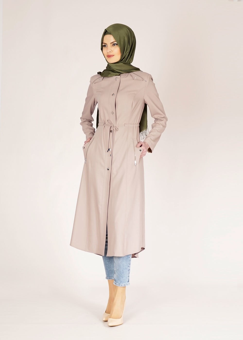 Tesettür giyim BEJ 1518 DORATES TRENCH 38/46 TEK38