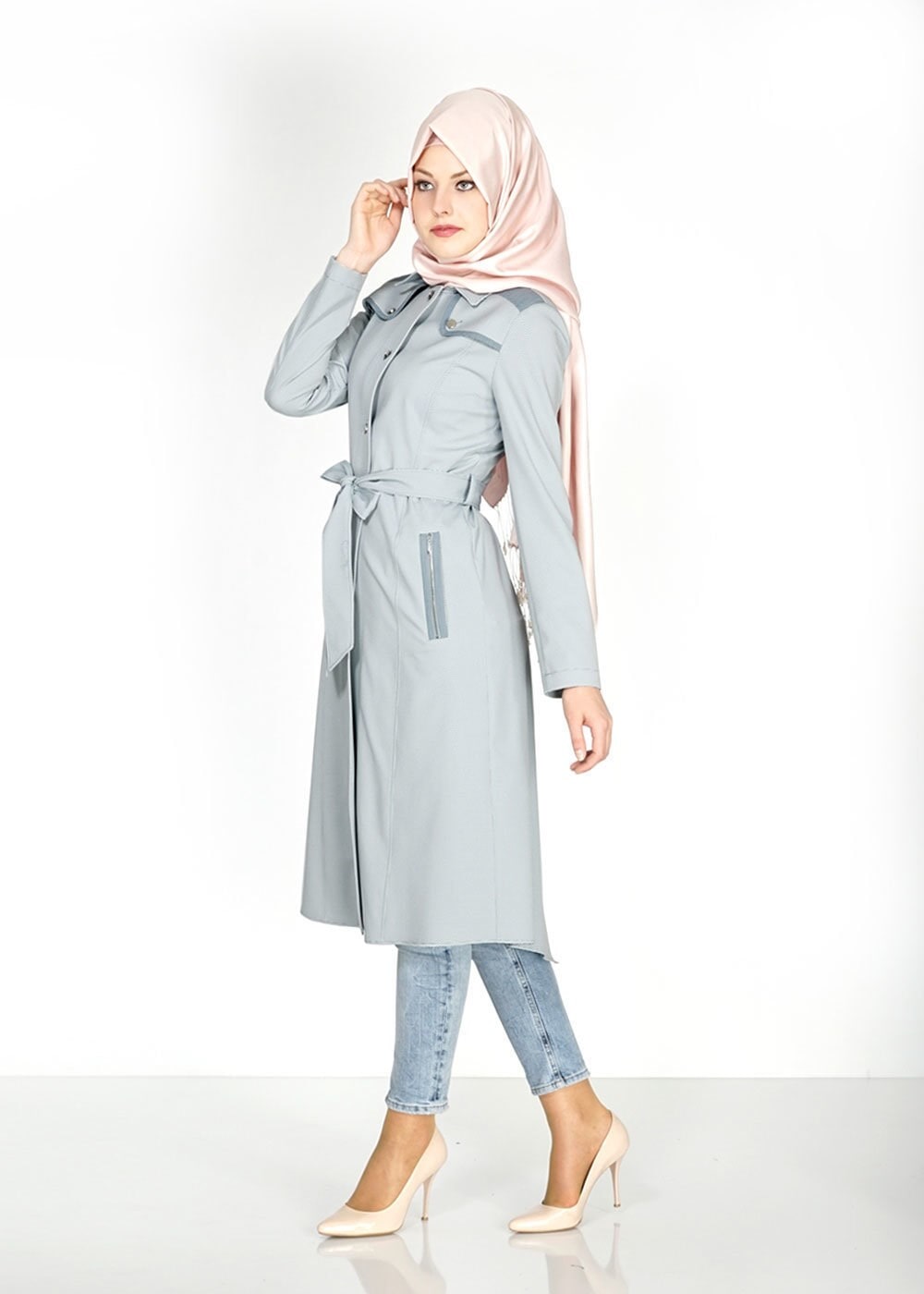 Tesettür giyim MAVİ 1519 Berta Tesettür Trench