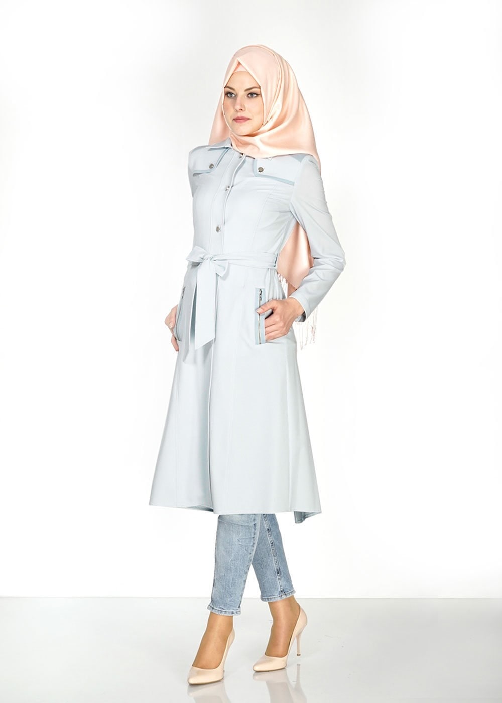 Tesettür giyim MAVİ 1519 Berta Tesettür Trench