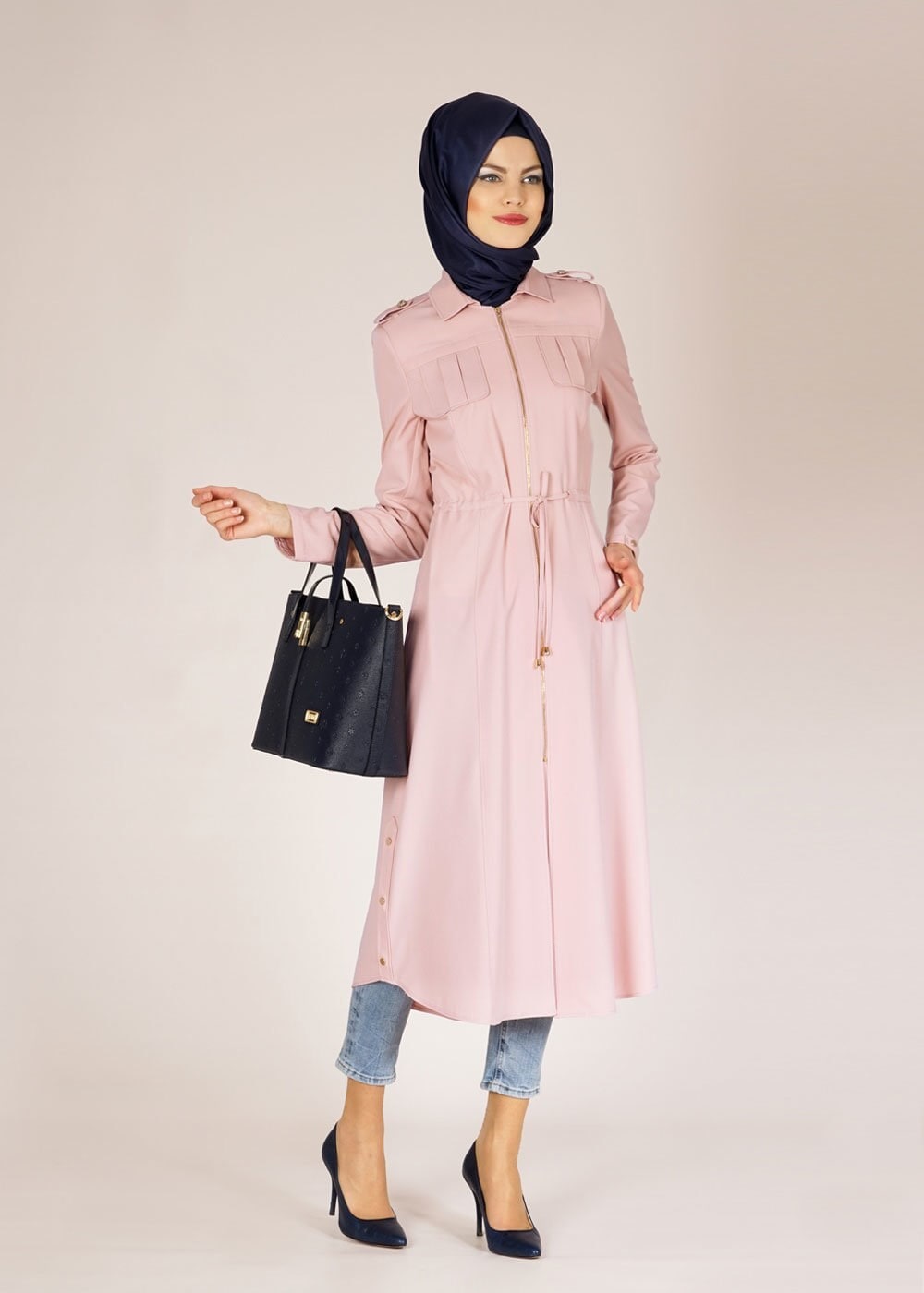 Tesettür giyim PUDRA 1521 Beliz 8168 Tesettür Trench