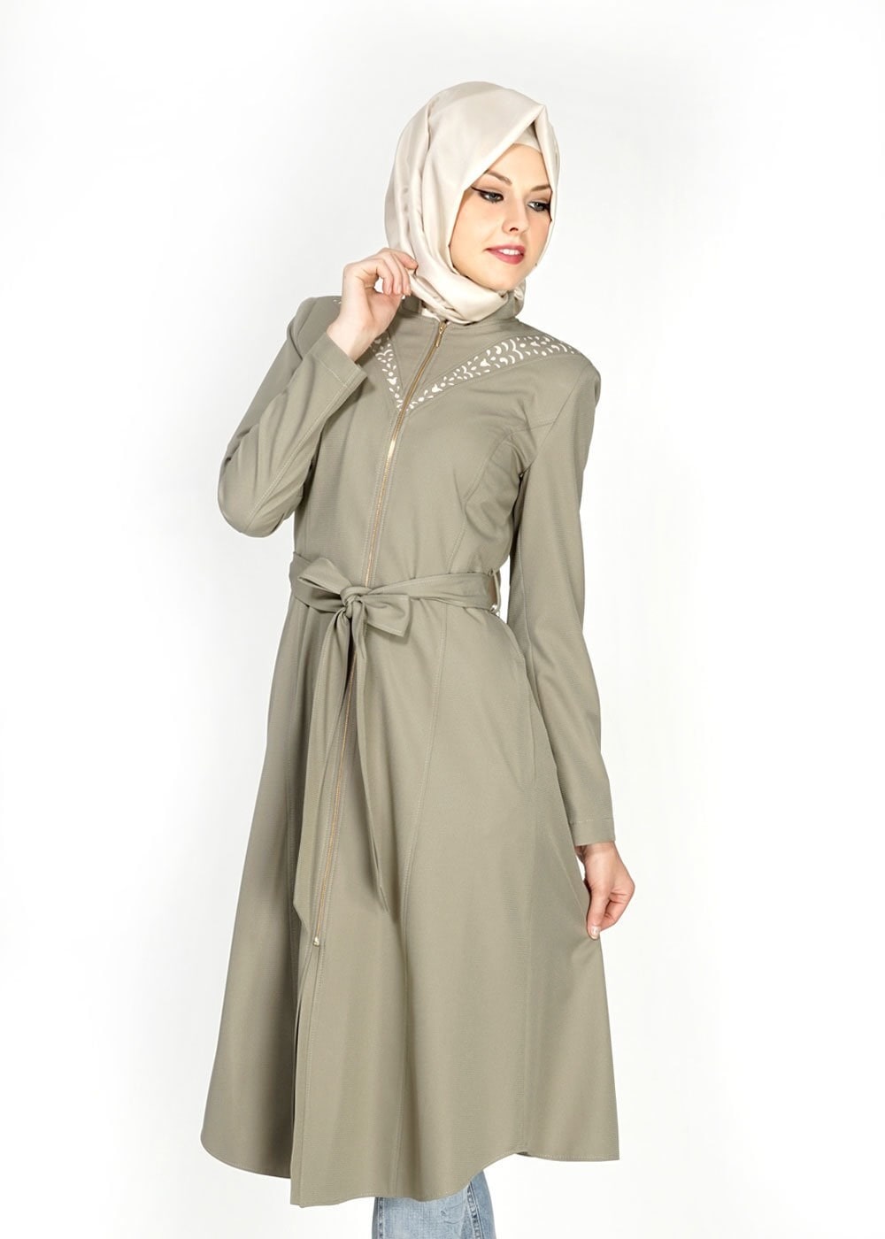 Tesettür giyim HAKİ 1526 Beliz Tesettür Trench