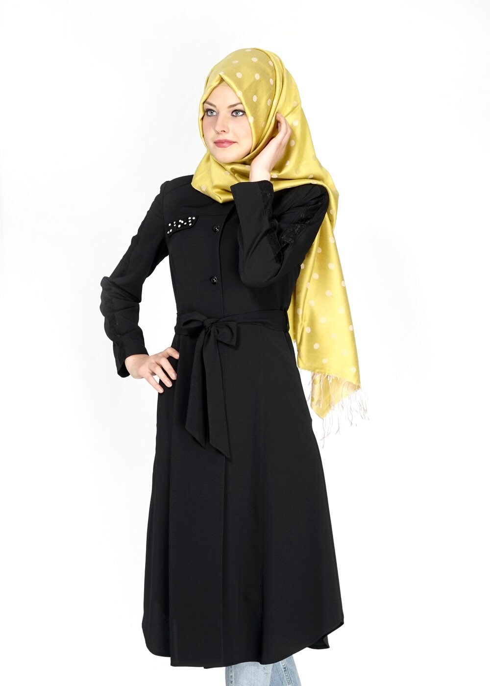 Tesettür giyim SİYAH TAŞ DETAYLI DÜĞMELİ TRENÇKOT 1538