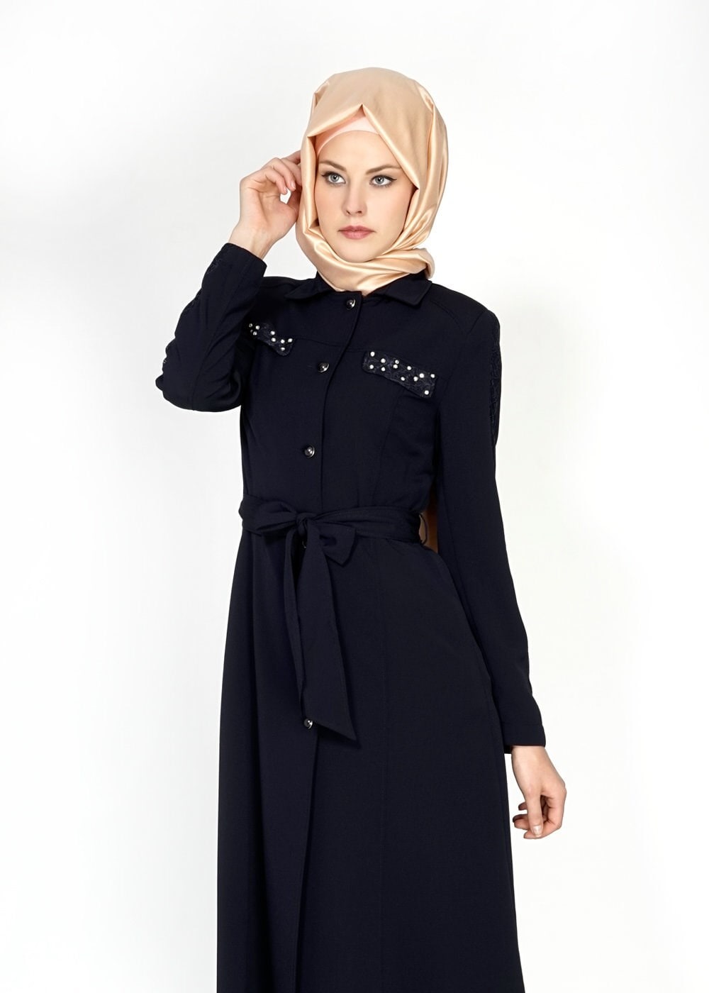 Tesettür giyim LACİVERT TAŞ DETAYLI DÜĞMELİ TRENÇKOT 1538