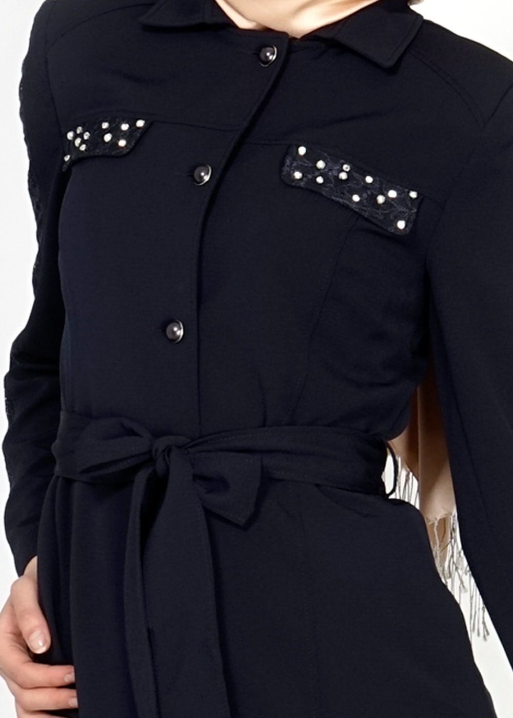 Tesettür giyim LACİVERT TAŞ DETAYLI DÜĞMELİ TRENÇKOT 1538