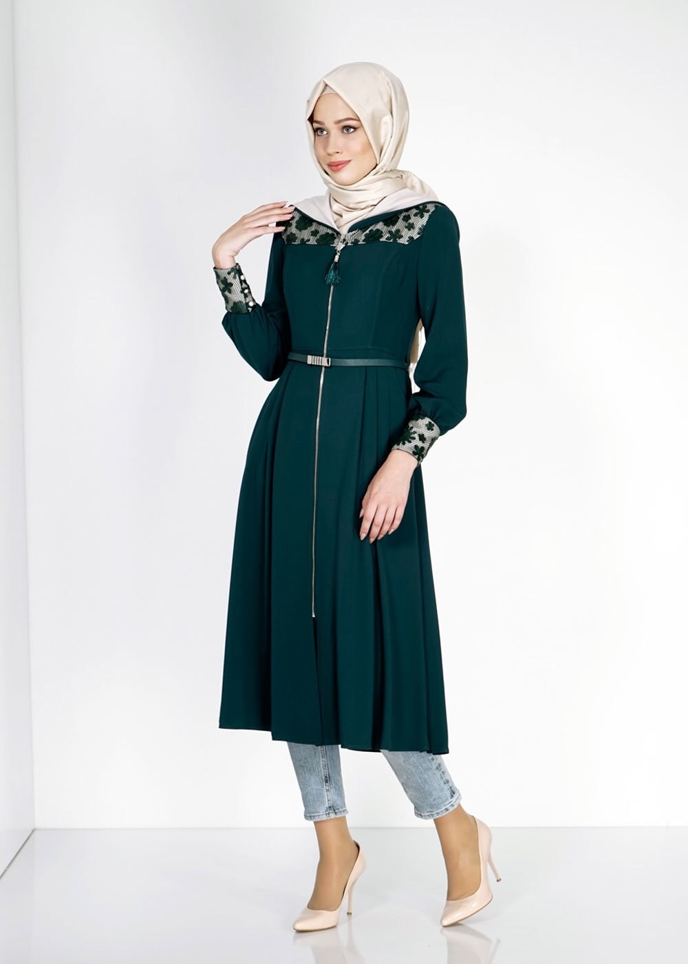 Tesettür giyim YEŞİL 1547 Farah Tesettür Trench