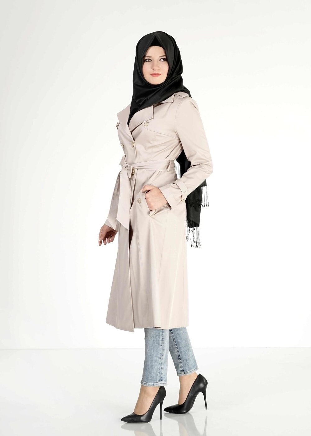 Tesettür giyim BEJ 1553 Peren Tesettür Trench
