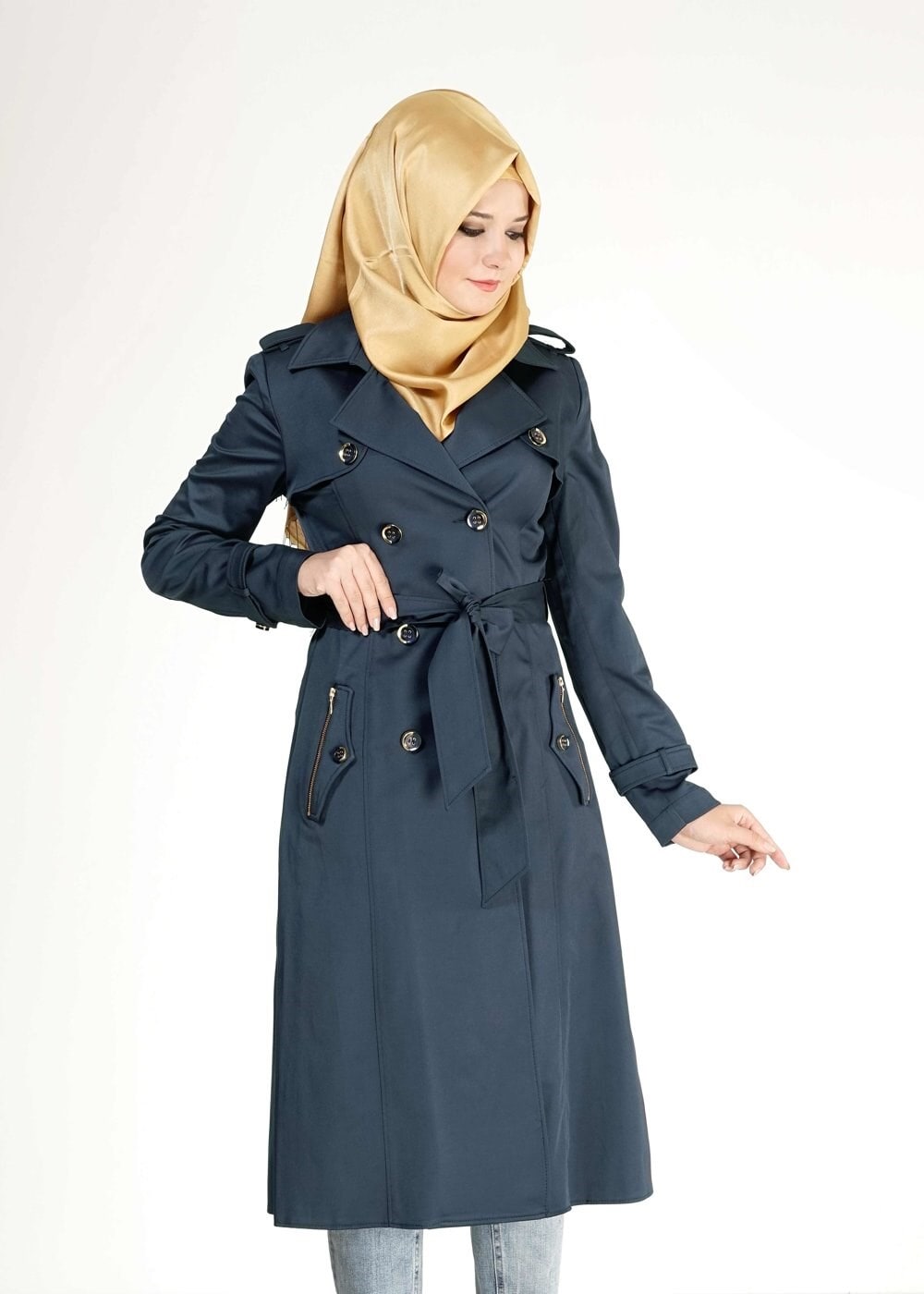 Tesettür giyim LACİVERT 1553 Peren Tesettür Trench