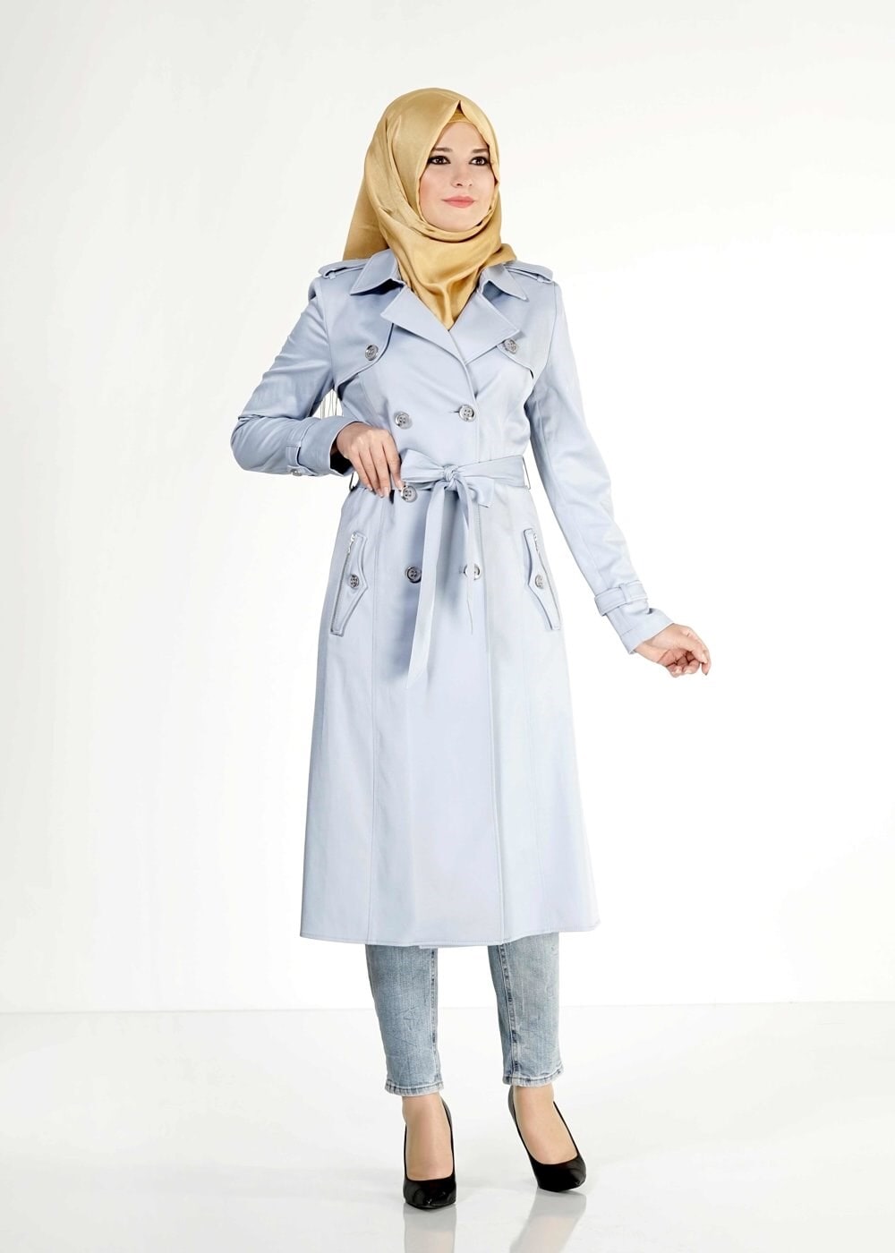 Tesettür giyim MAVİ 1553 Peren Tesettür Trench