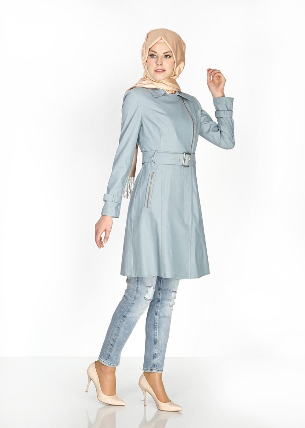 Tesettür giyim GRİ 1554 Soraya Tesettür Trenç