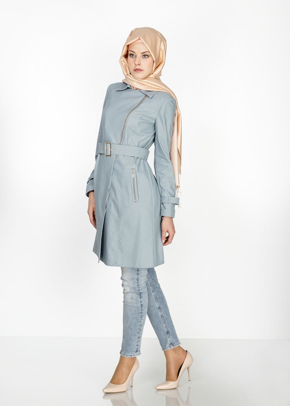 Tesettür giyim GRİ 1554 Soraya Tesettür Trenç
