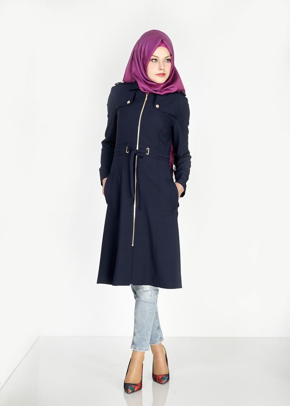 Tesettür giyim LACİVERT 1555 Duygu Tesettür Trench