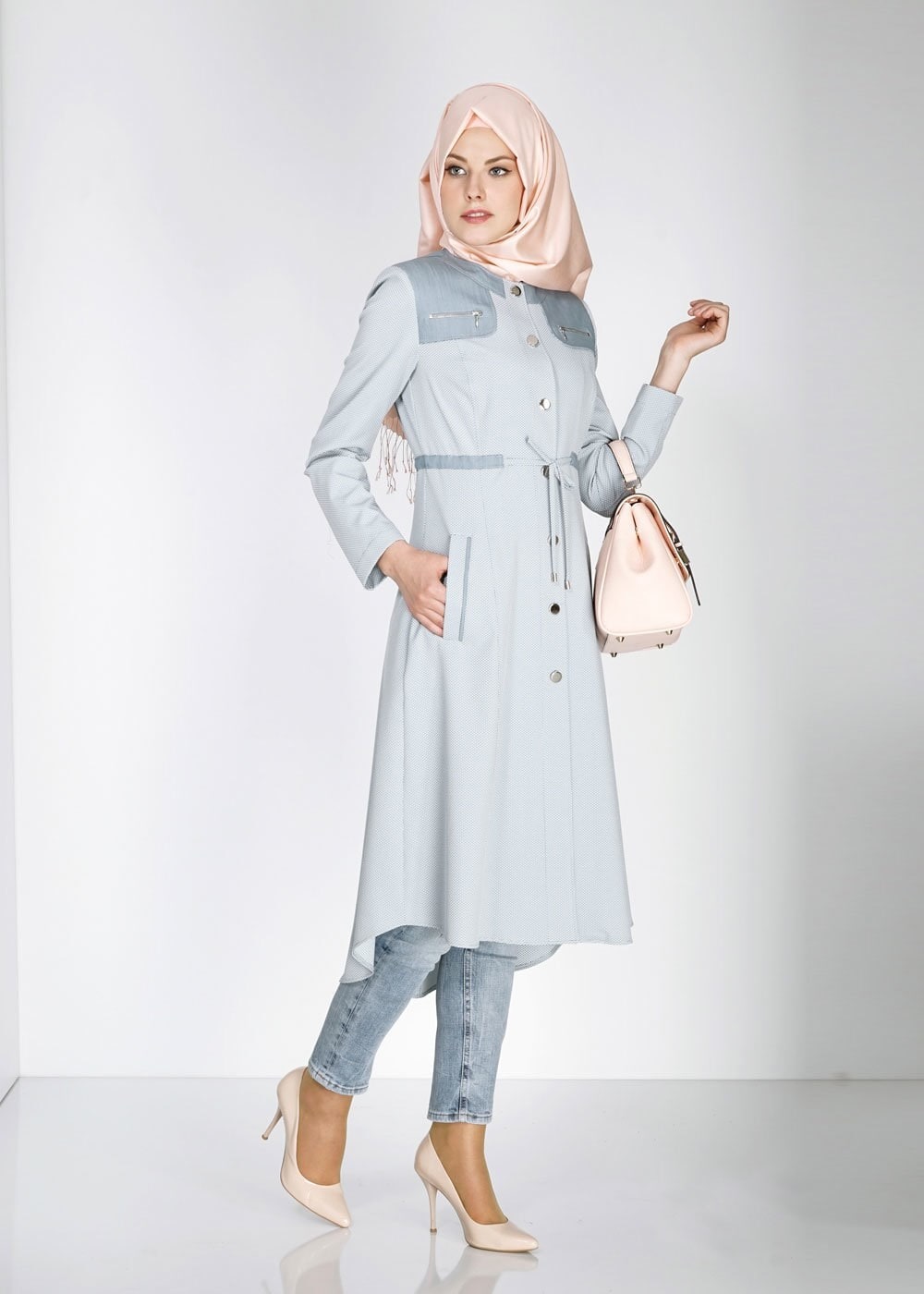 Tesettür giyim GRİ 1556 Berta Tesettür Trench
