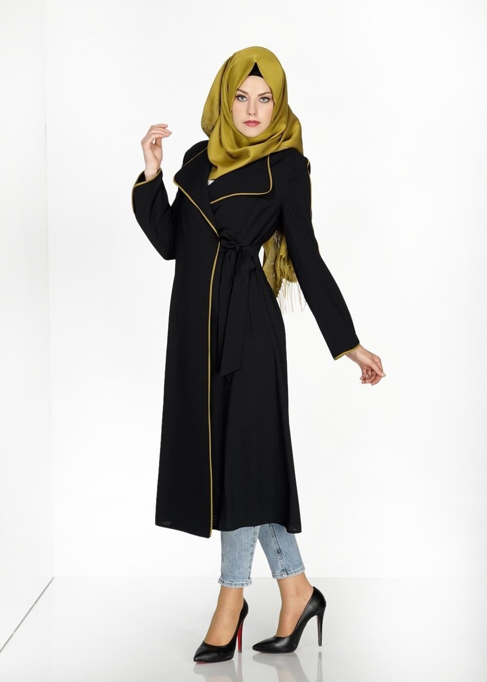 Tesettür giyim SİYAH 1567 Uvertur Tesettür Trench