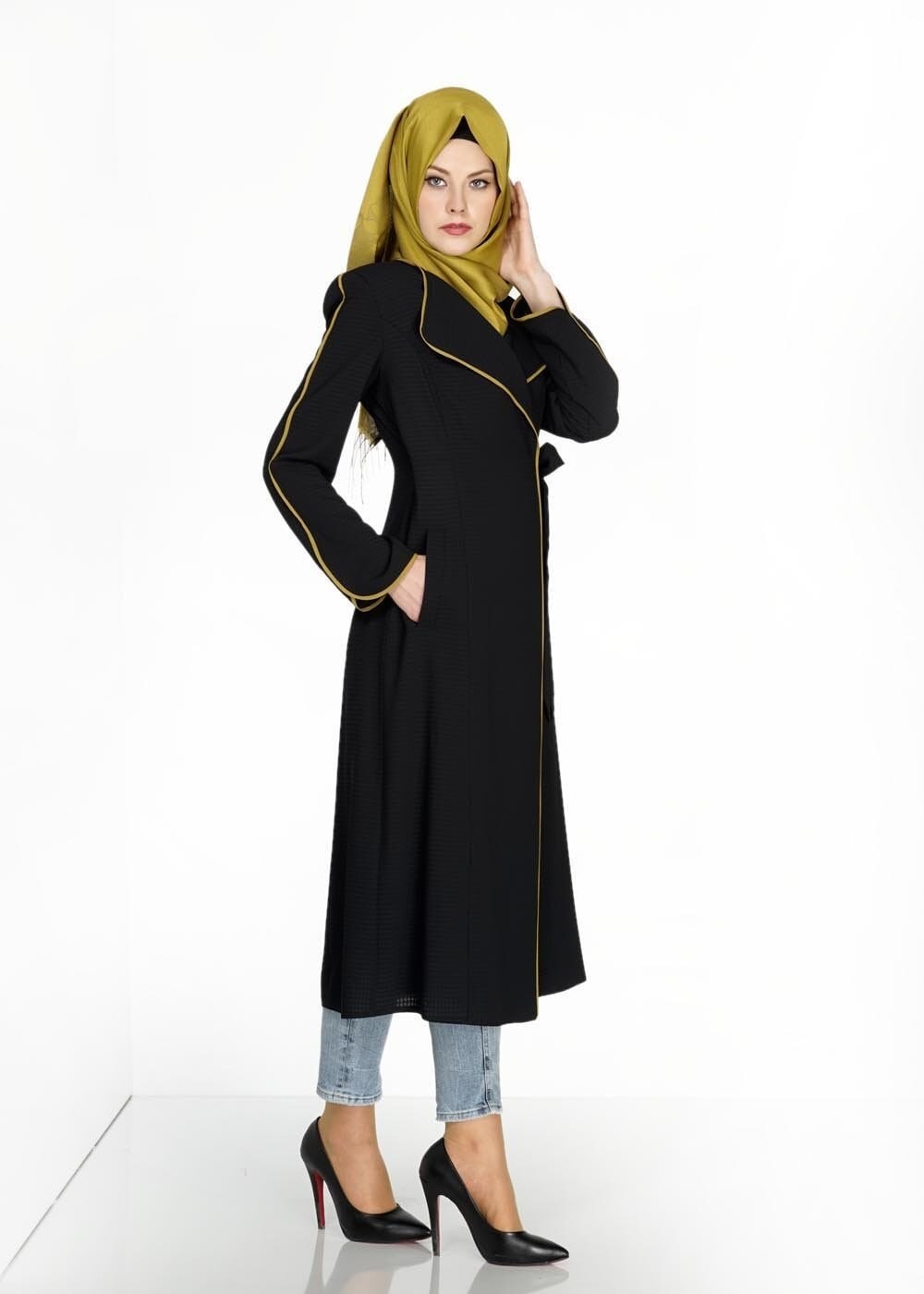 Tesettür giyim SİYAH 1567 Uvertur Tesettür Trench