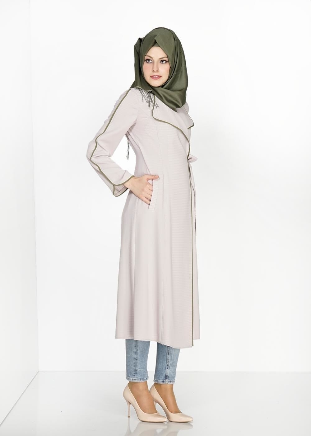 Tesettür giyim BEJ 1567 Uvertur Tesettür Trench