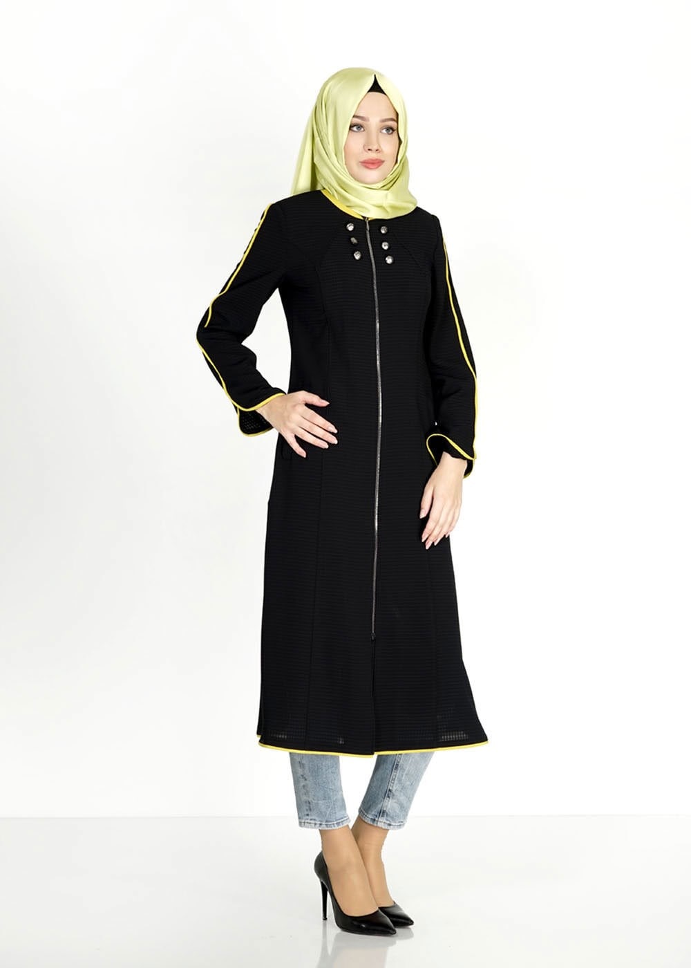 Tesettür giyim SİYAH FERMUARLI DÜĞME DETAYLI CEPLİ TRENÇKOT 1570