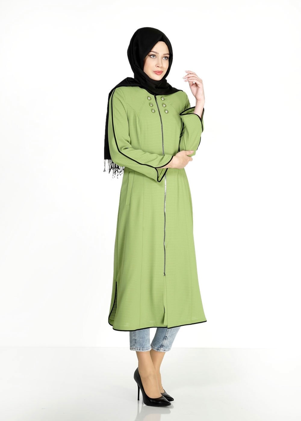 Tesettür giyim YEŞİL FERMUARLI DÜĞME DETAYLI CEPLİ TRENÇKOT 1570