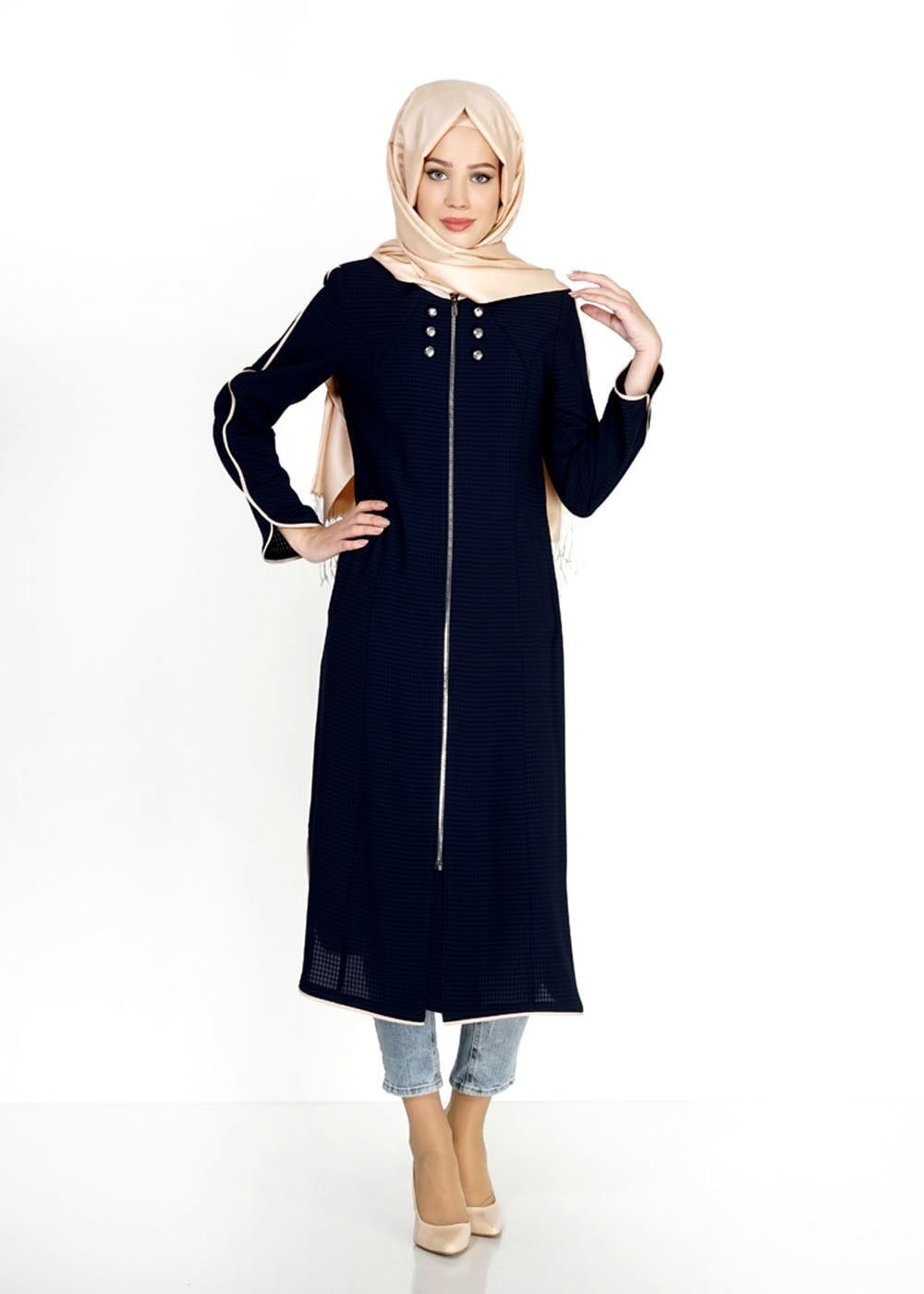 Tesettür giyim LACİVERT FERMUARLI DÜĞME DETAYLI CEPLİ TRENÇKOT 1570