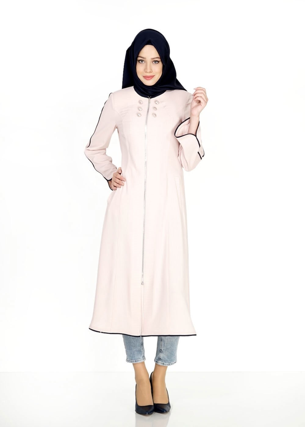 Tesettür giyim PUDRA FERMUARLI DÜĞME DETAYLI CEPLİ TRENÇKOT 1570