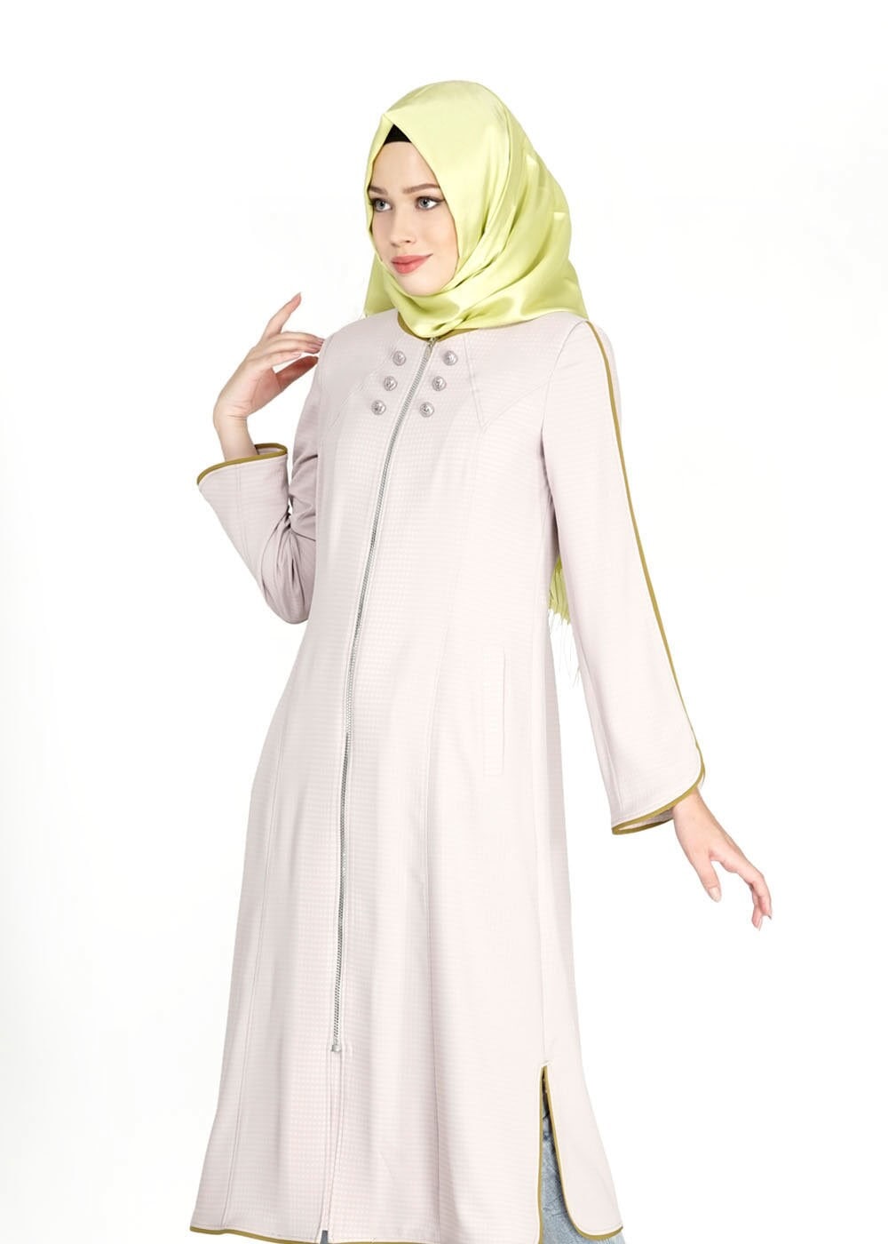 Tesettür giyim BEJ FERMUARLI DÜĞME DETAYLI CEPLİ TRENÇKOT 1570