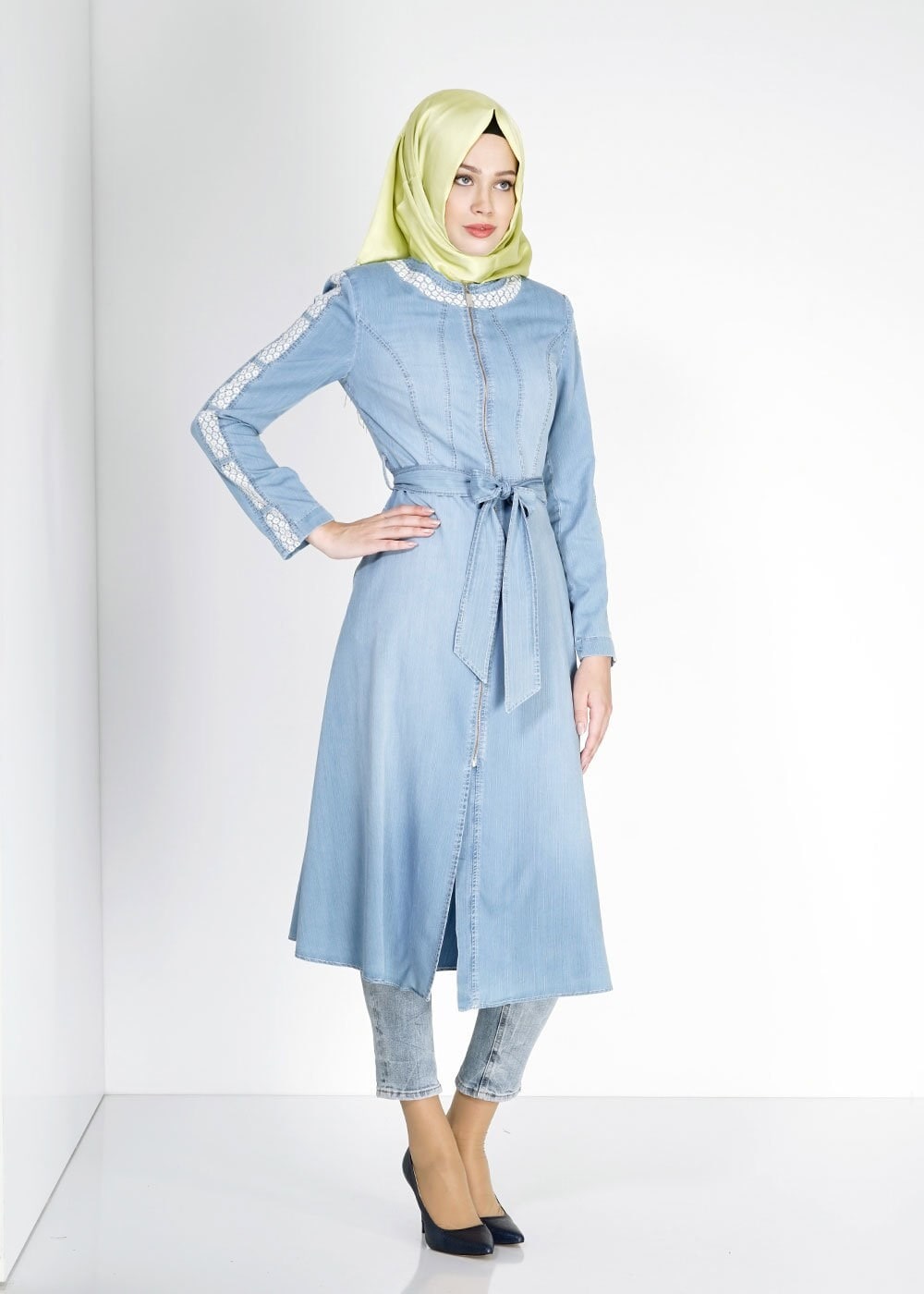 Tesettür giyim MAVİ 1574 Maryel Flamlı Tesettür Trench