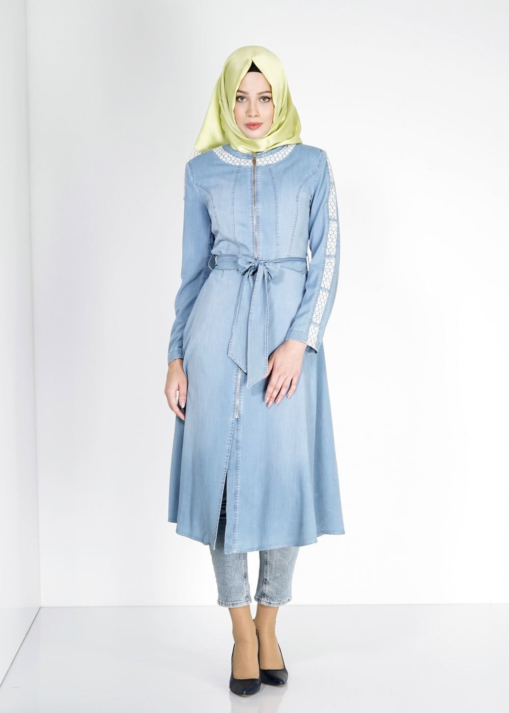 Tesettür giyim MAVİ 1574 Maryel Flamlı Tesettür Trench