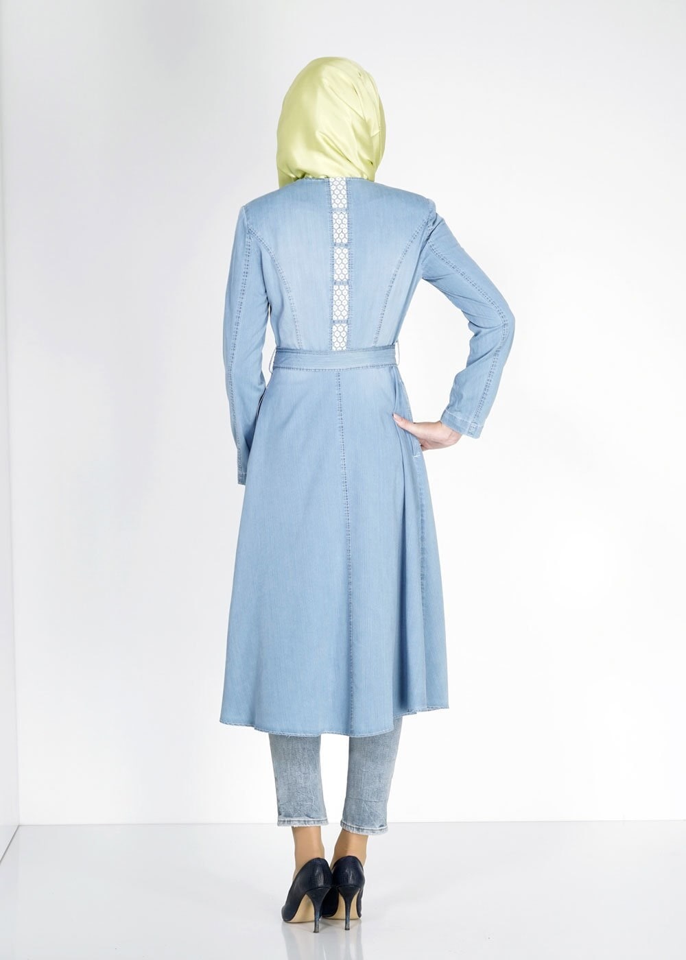 Tesettür giyim MAVİ 1574 Maryel Flamlı Tesettür Trench